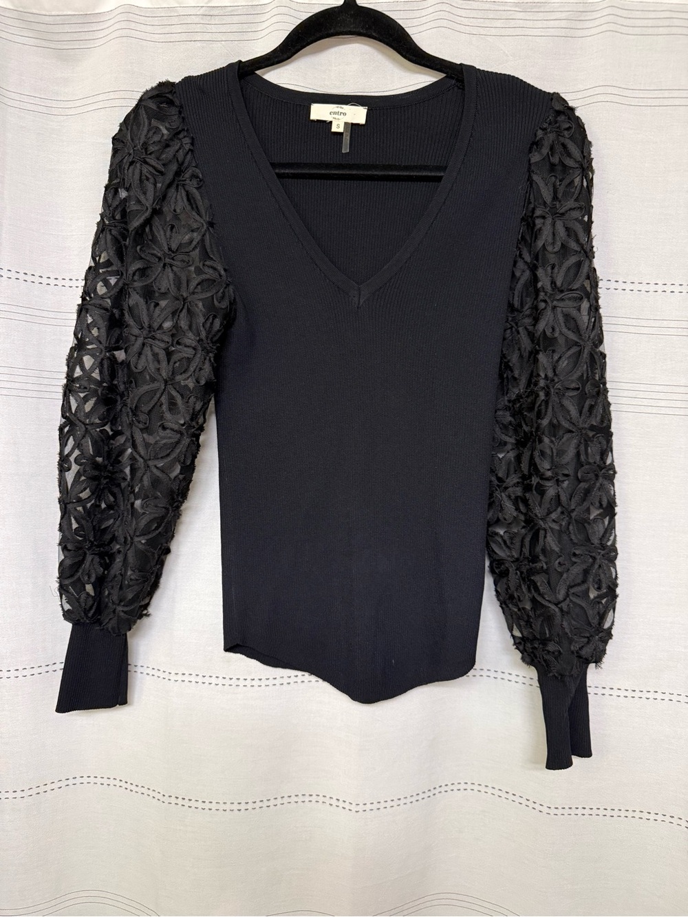 Entro Black V-Neck Top with Floral Puff Sleeves